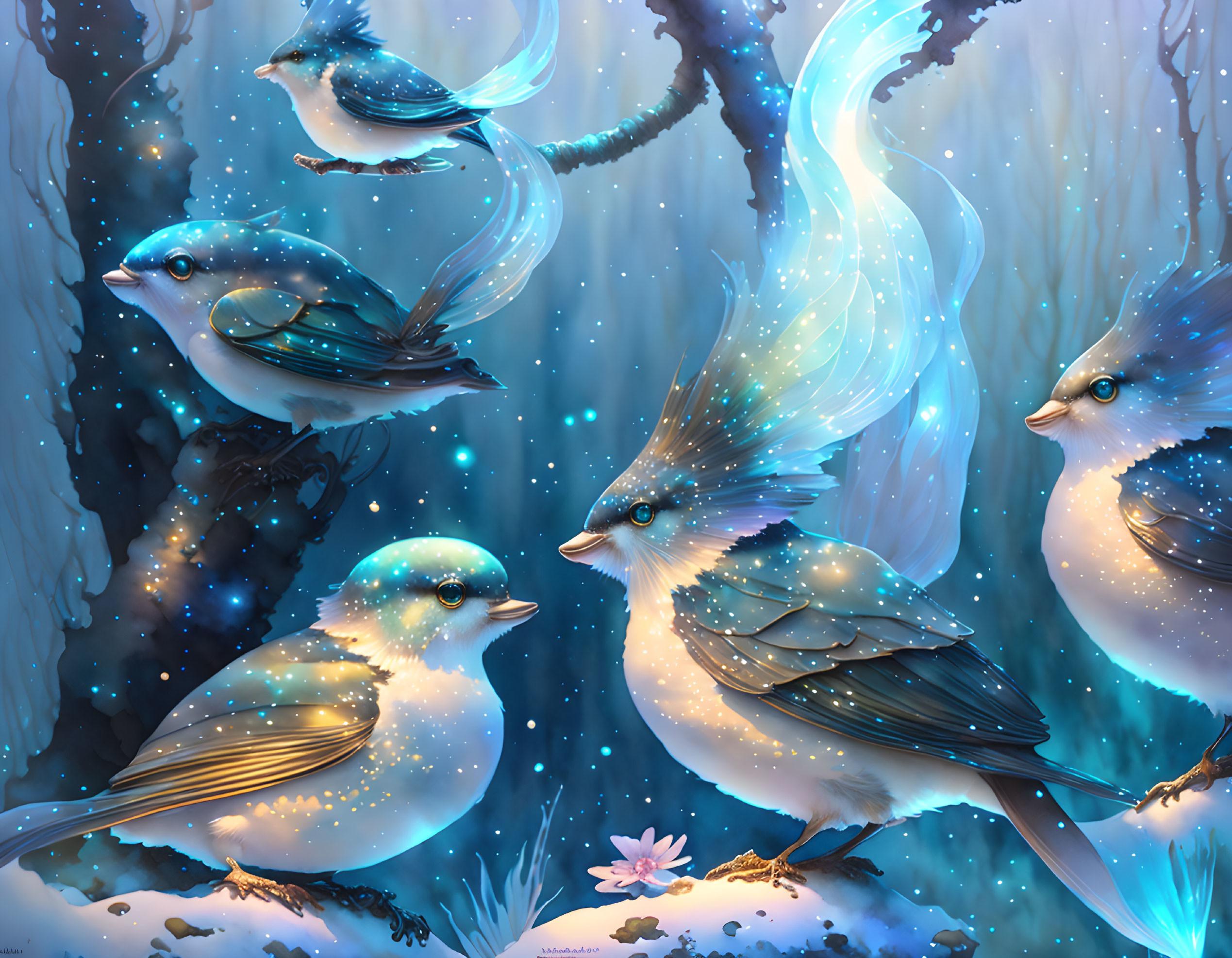 Mystical blue birds with glowing tails in enchanted forest scene