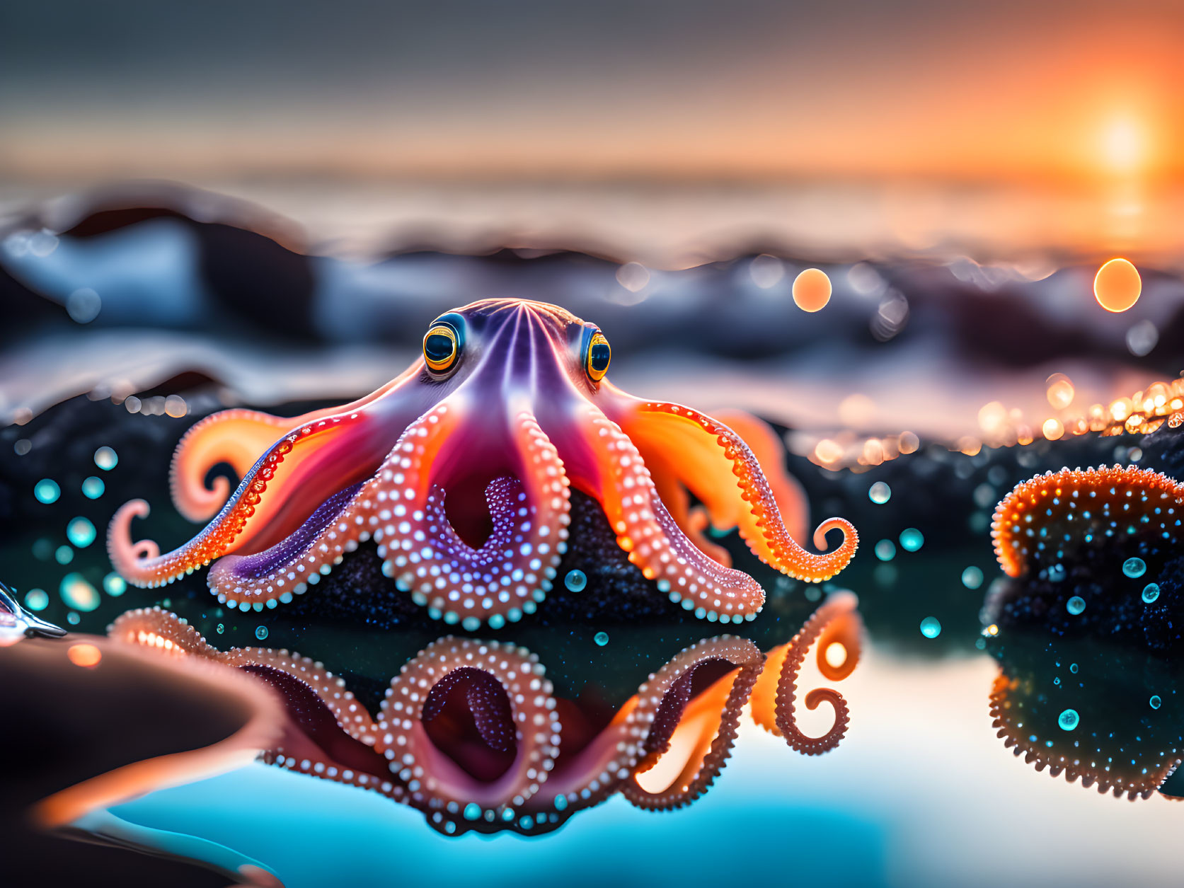 Colorful Octopus Emerges from Water at Sunset