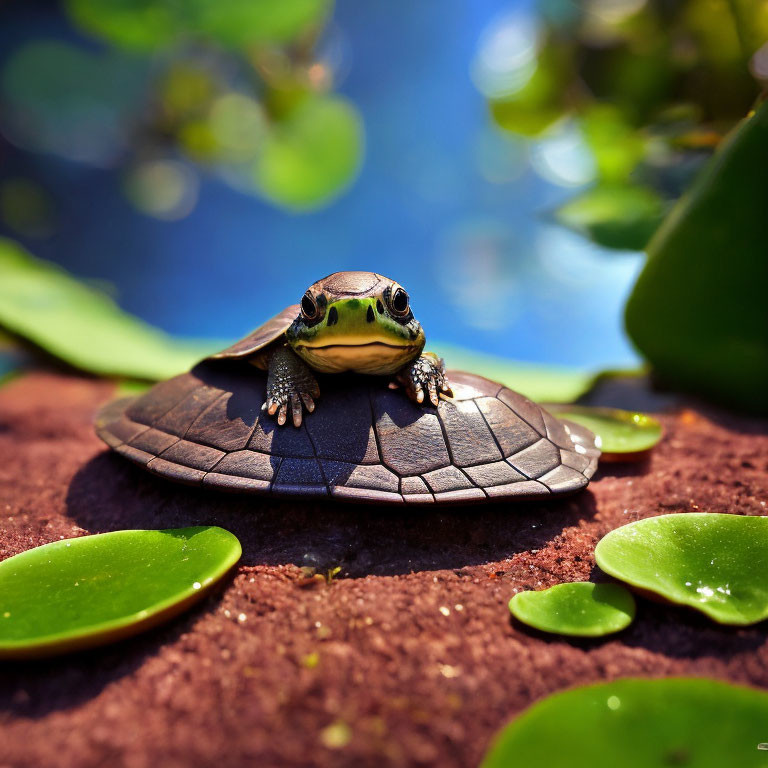 Small Turtle Resting on Rock Amid Green Leaves and Blue Water