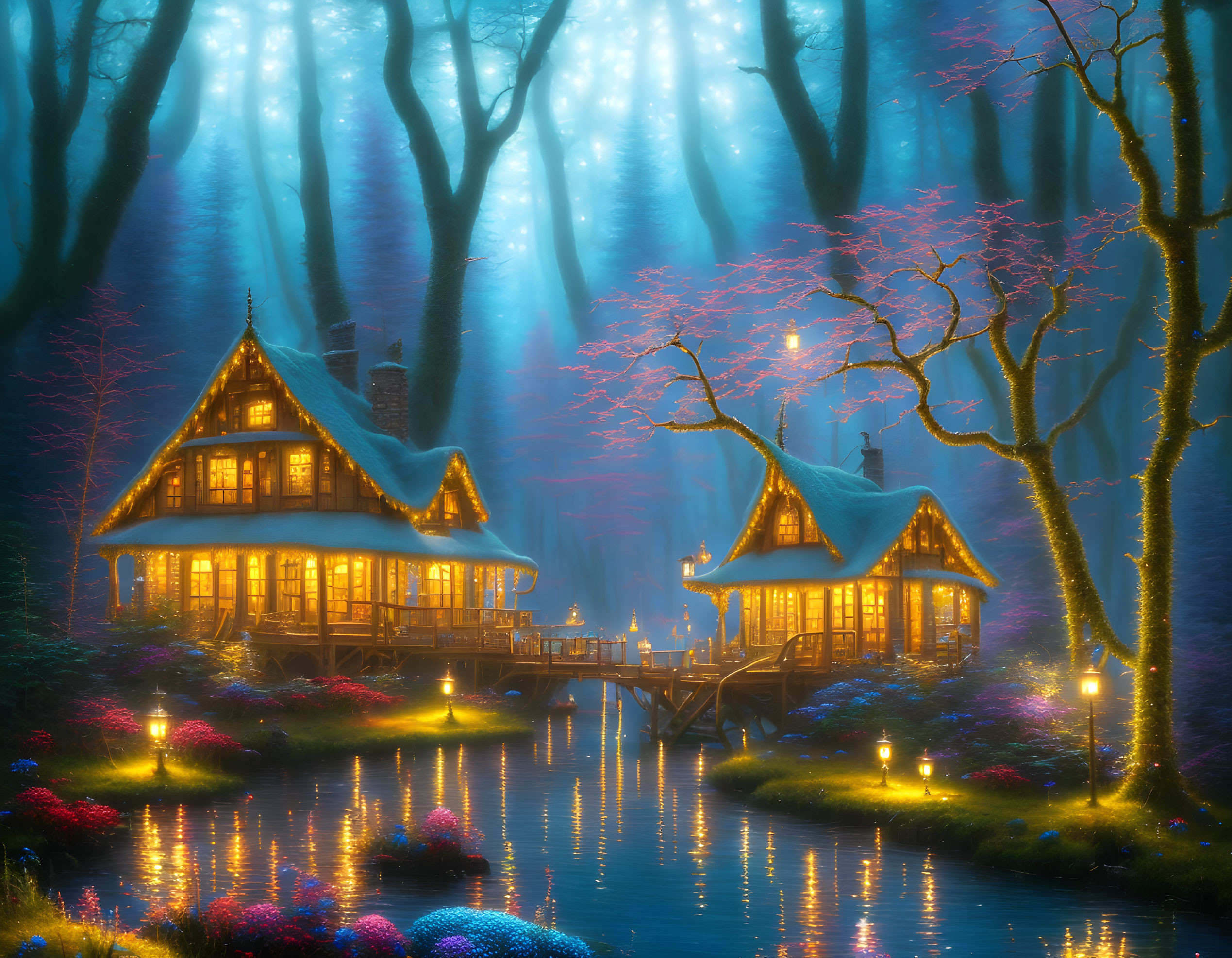 Serene River and Cozy Cottages in Enchanted Forest