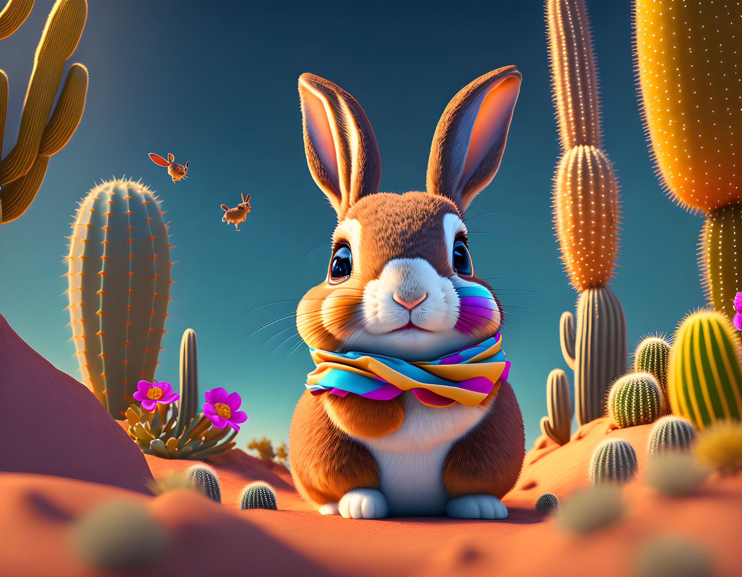 Illustration of cute rabbit in striped scarf with cacti and butterflies