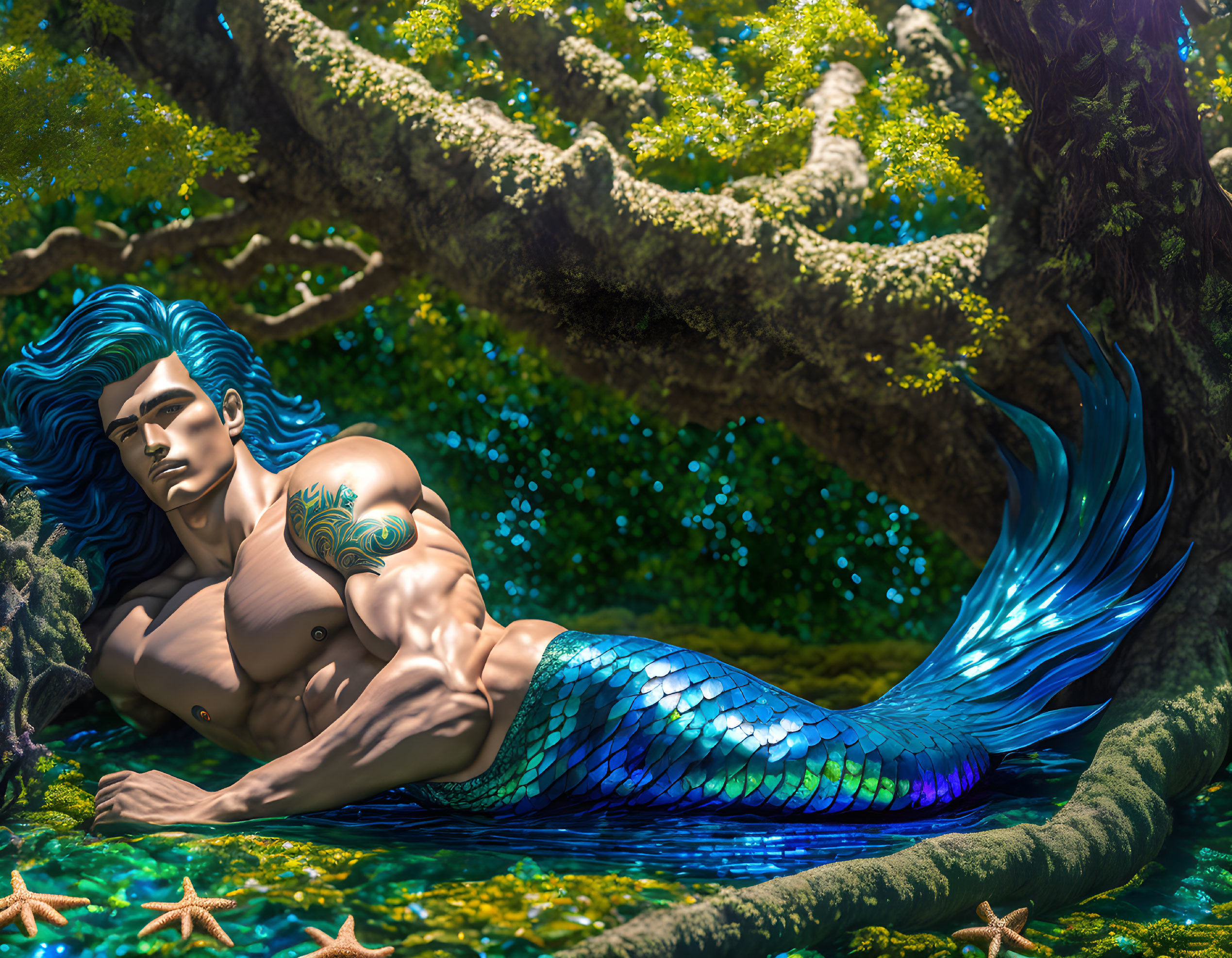 Blue-haired merman lounges by pond with starfish and green foliage