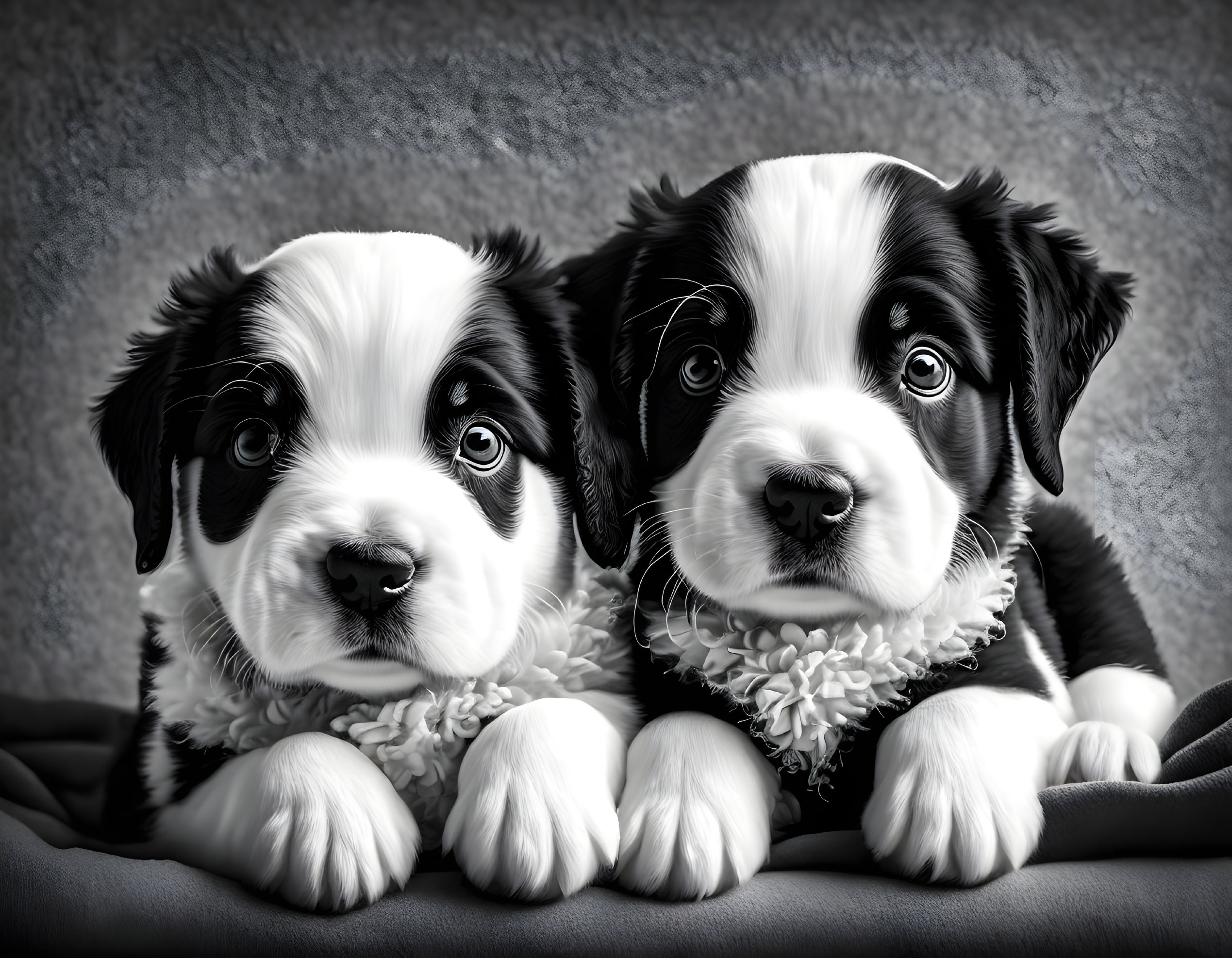 Black and white fluffy puppies with bright eyes on textured backdrop