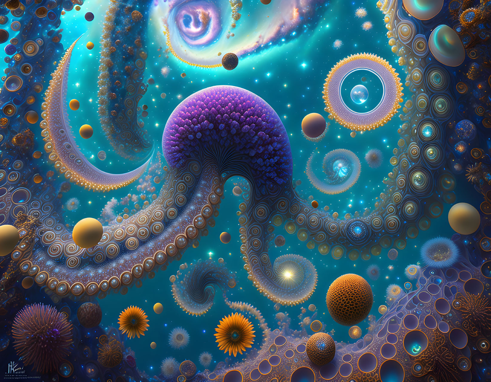 Colorful digital artwork of fractal landscape with swirling patterns in blue and orange.