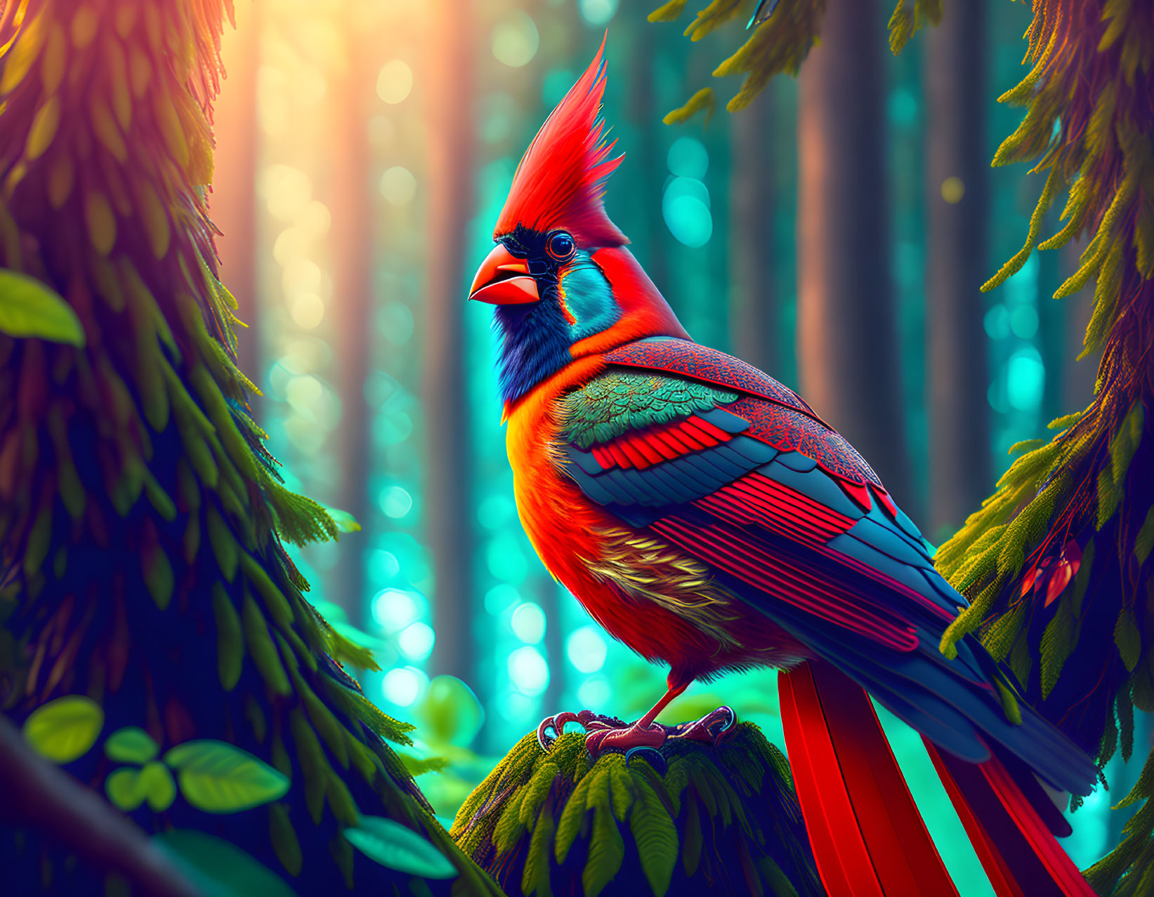 Colorful cardinal bird on mossy branch in sunlit forest