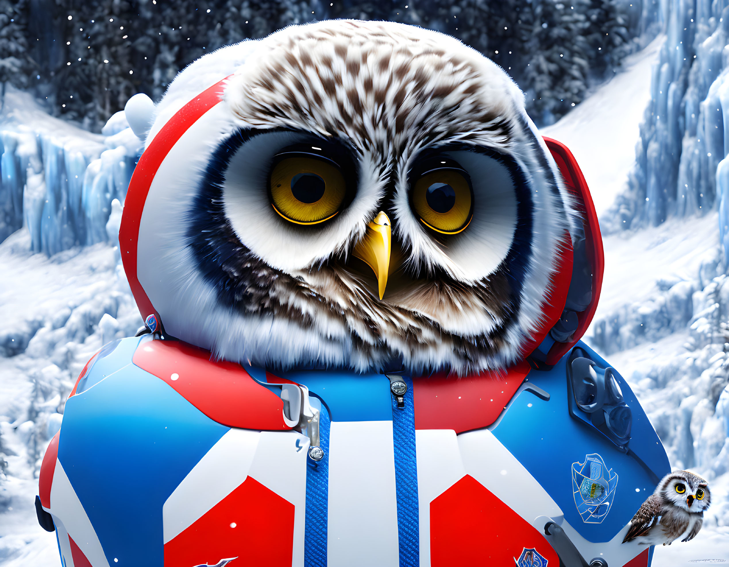 Large Owl with Yellow Eyes in Red and Blue Jacket, Snowy Forest Scene