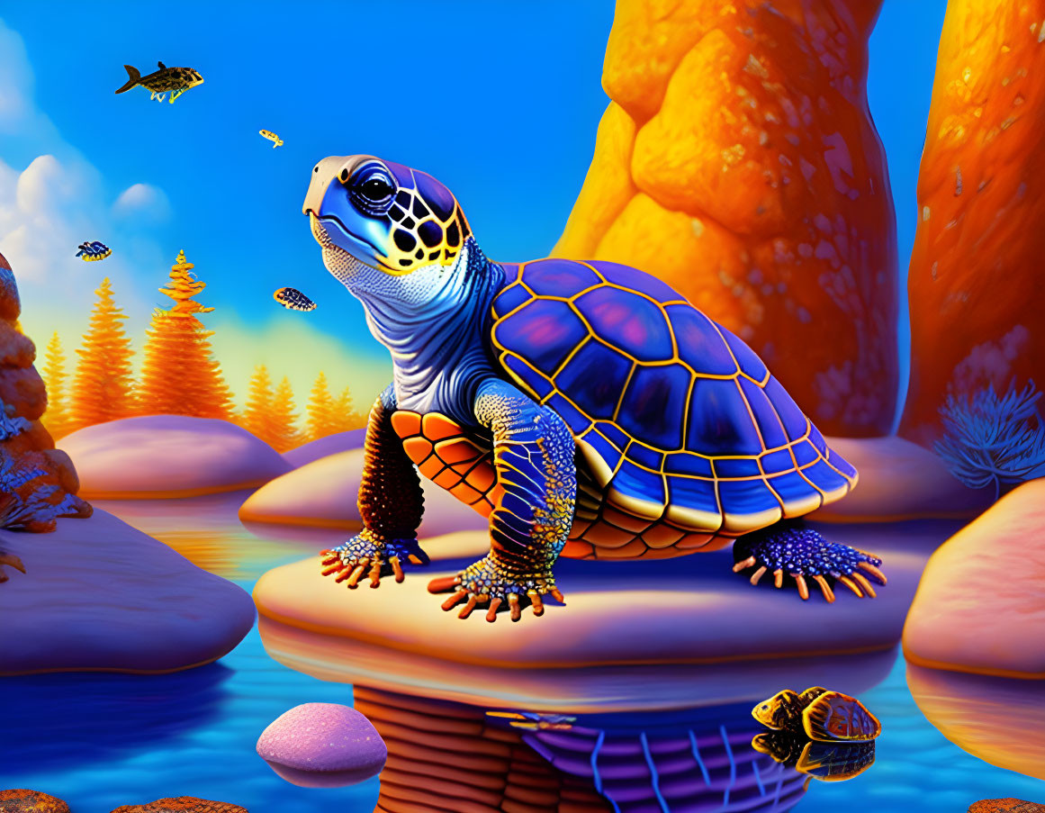 Colorful digital artwork: Turtle on rock surrounded by underwater coral and fish