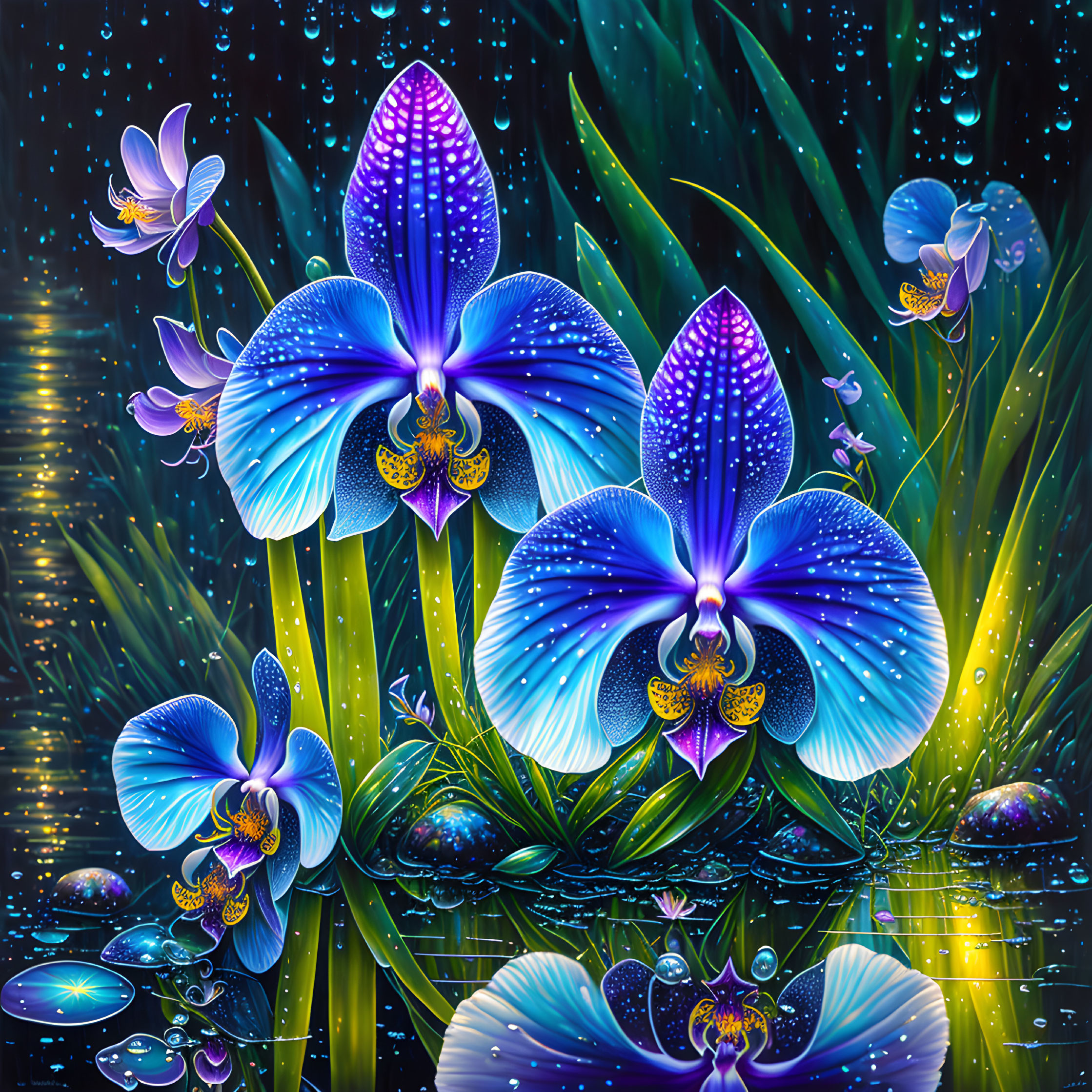 Vibrant blue orchids with water droplets in a mystical rainforest setting