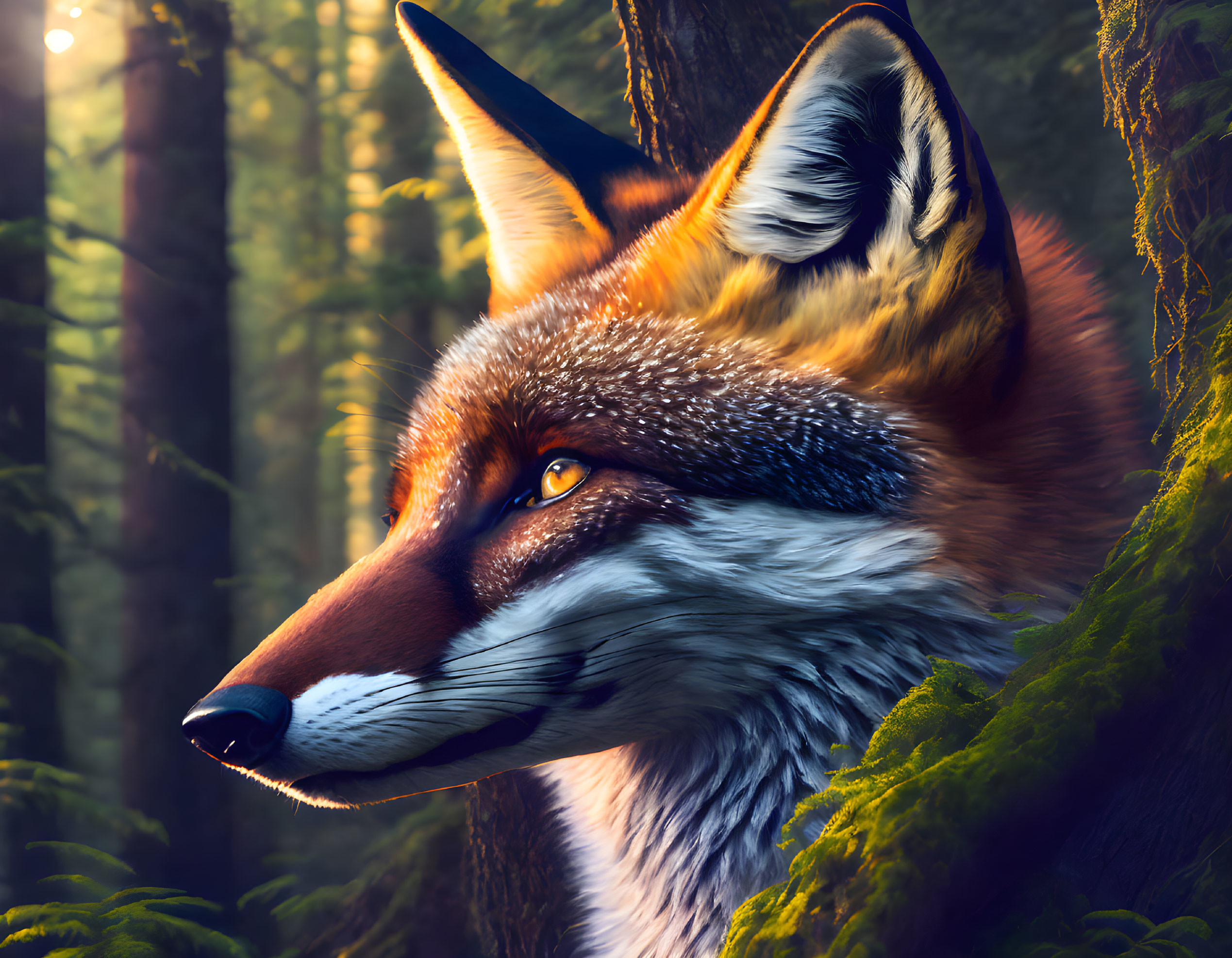 Vibrant orange fox head illustration in forest setting