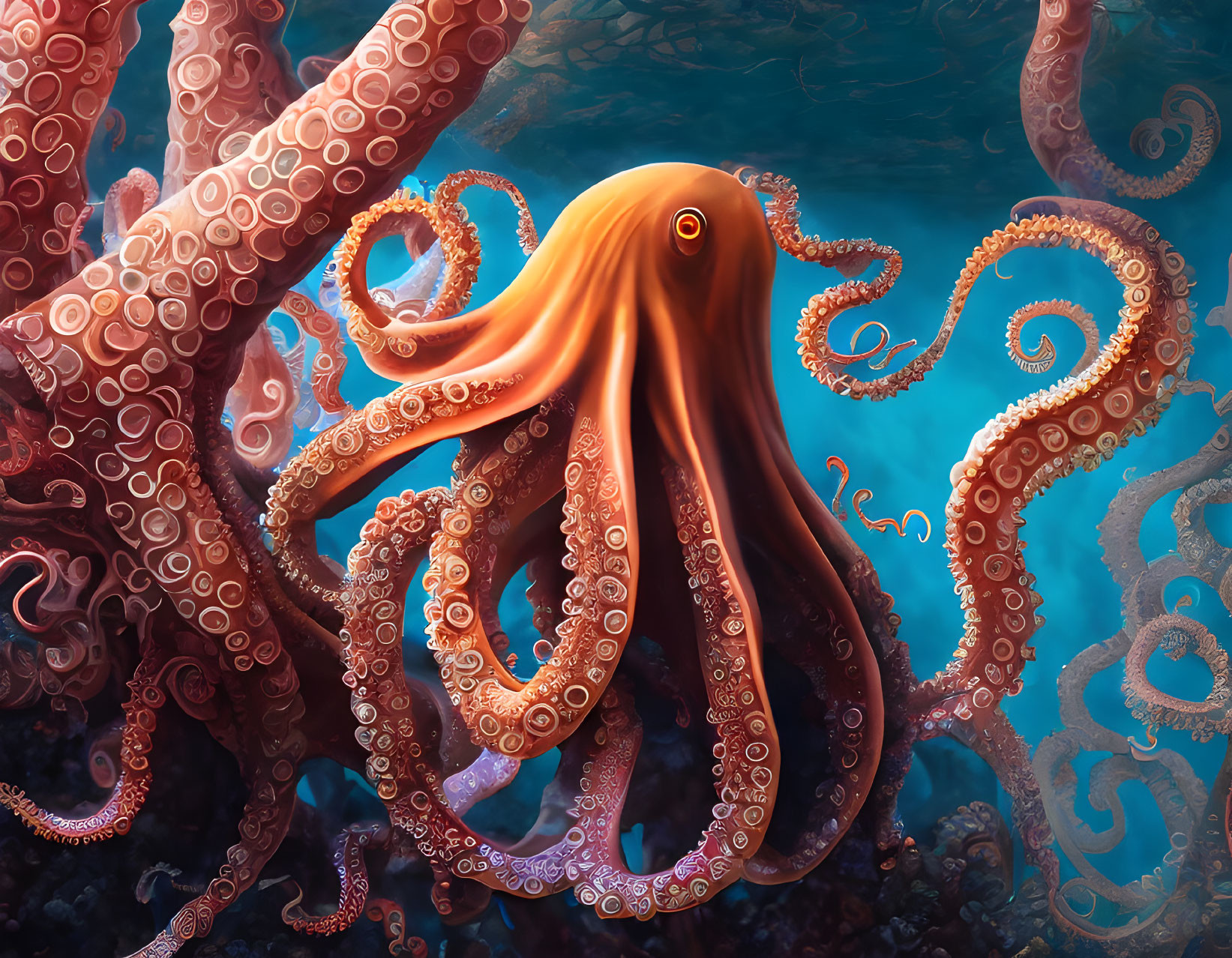 Detailed illustration of giant orange octopus in deep blue water