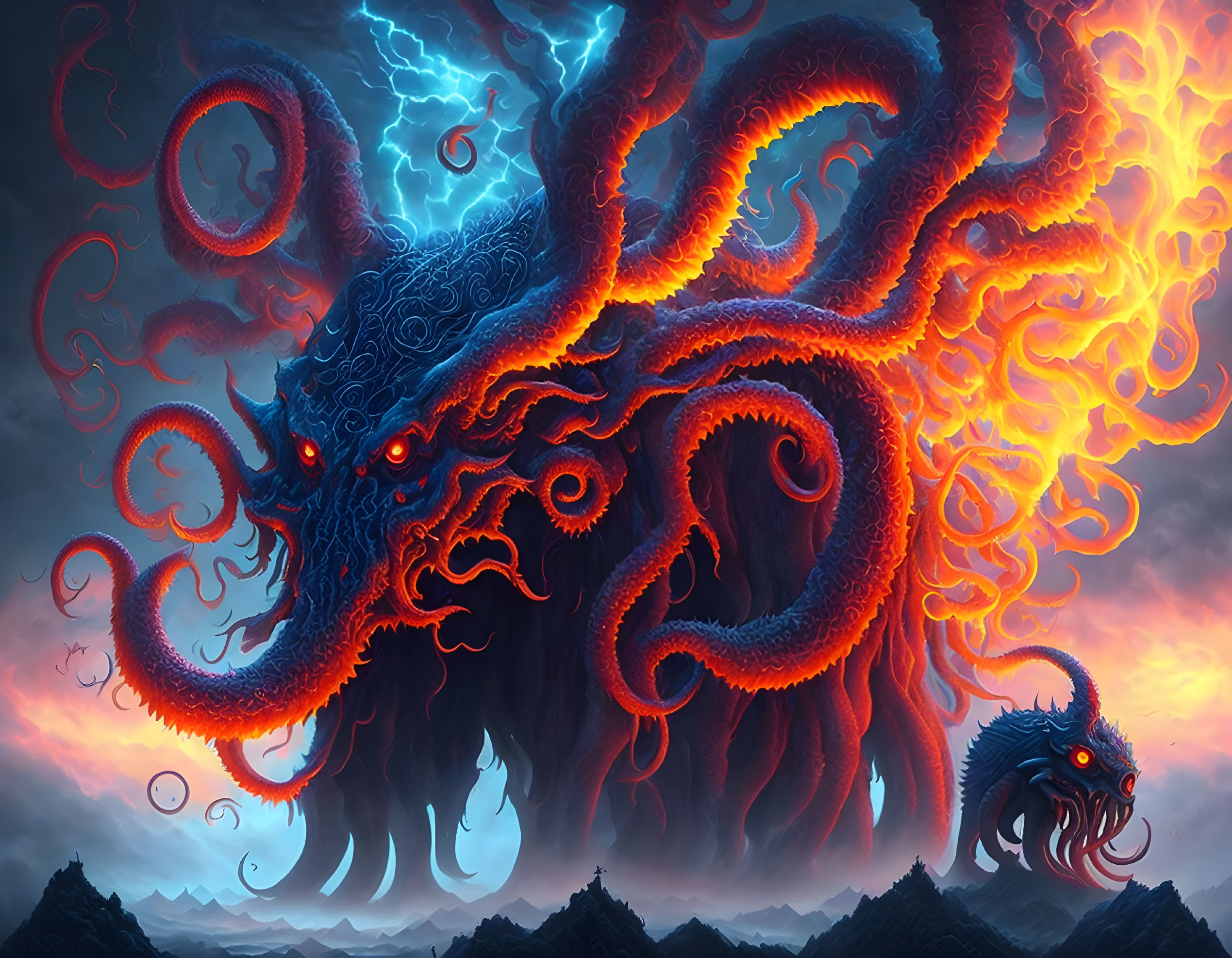 Fantastical image of giant blue creature with fiery orange tentacles looming over mountainous landscape under storm