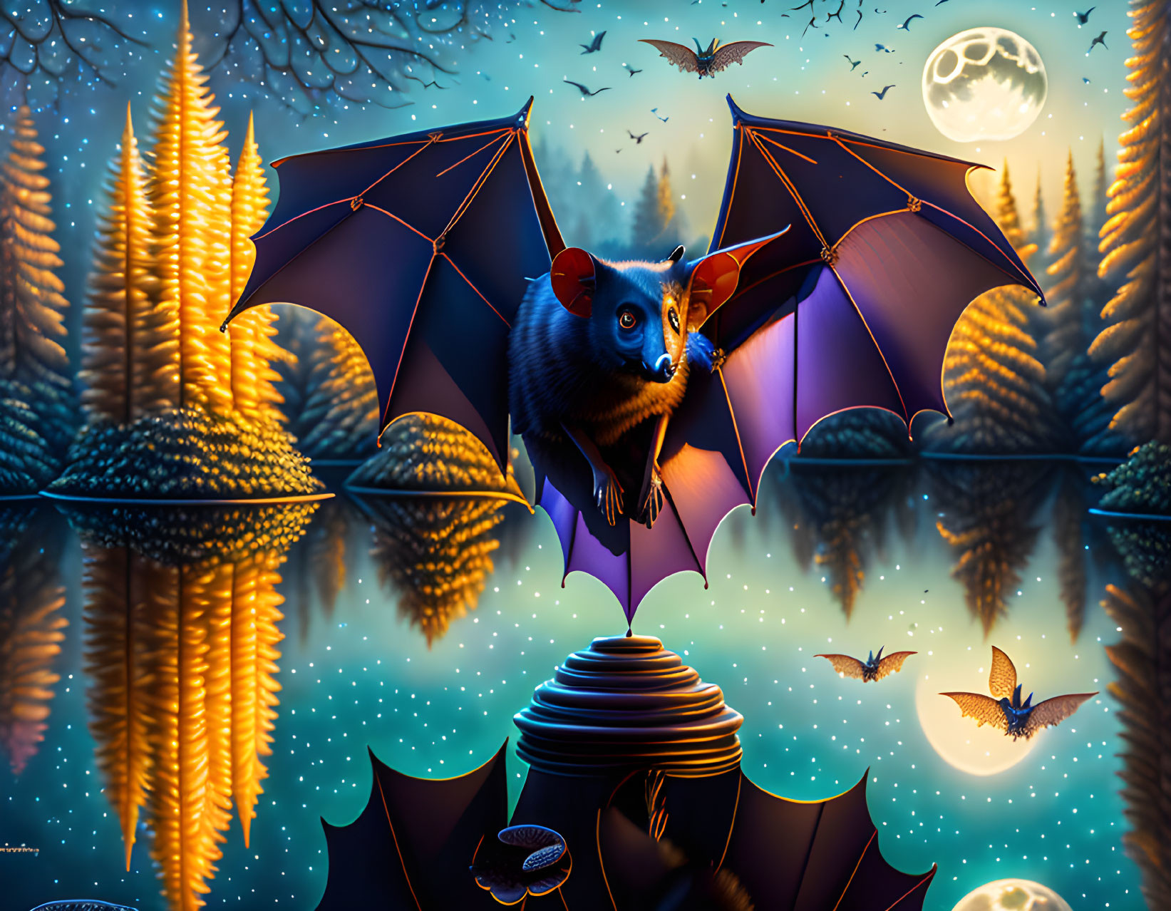 Flying fox with open wings in moonlit night scene