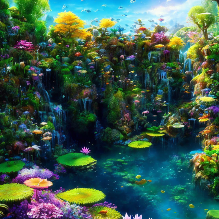 Colorful Coral Formations and Fish in Fantastical Underwater Scene