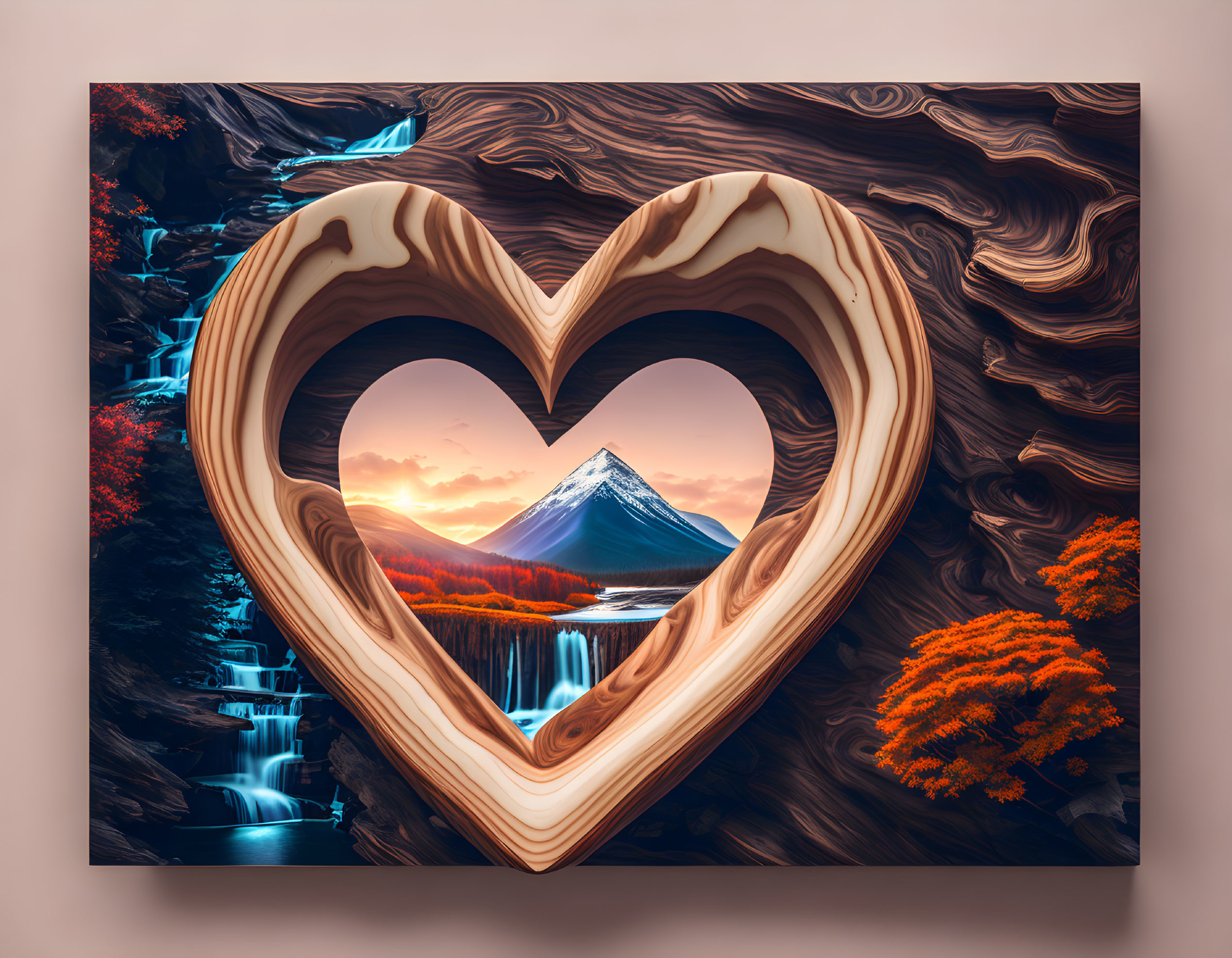 Surreal landscape artwork with heart-shaped frame: majestic mountain, waterfall, autumnal trees, twilight