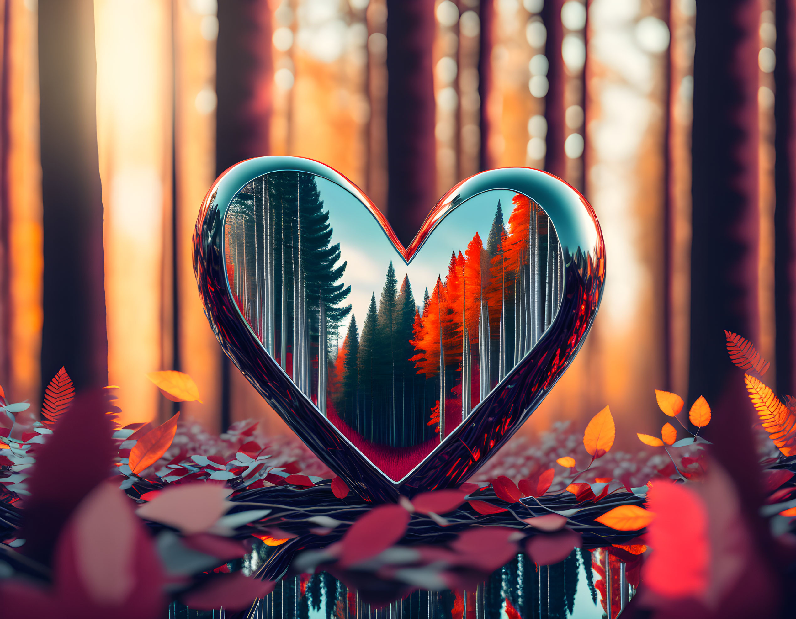 Heart-Shaped Mirror Reflects Autumn Forest and Sunset