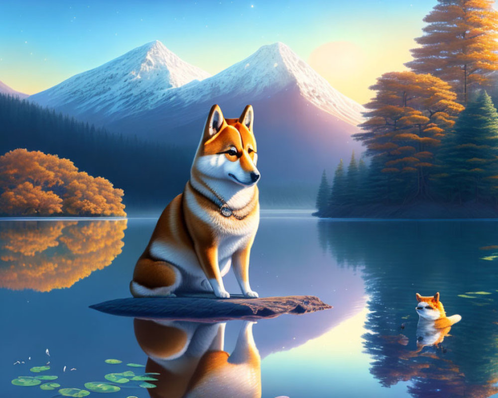 Shiba Inu sitting by mountain lake at dusk