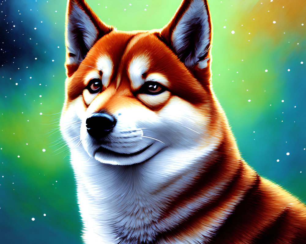 Colorful Shiba Inu digital art with detailed fur texture on starry background