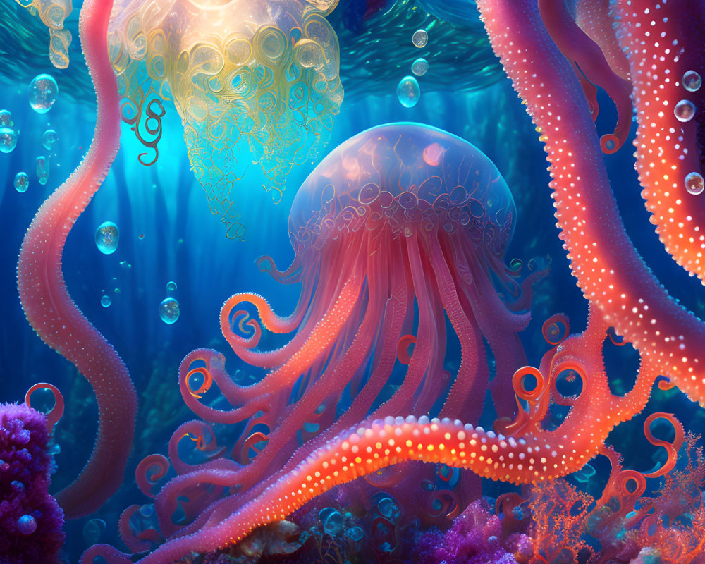 Vivid Underwater Scene: Glowing Jellyfish, Orange Tentacles, Bioluminescent Coral