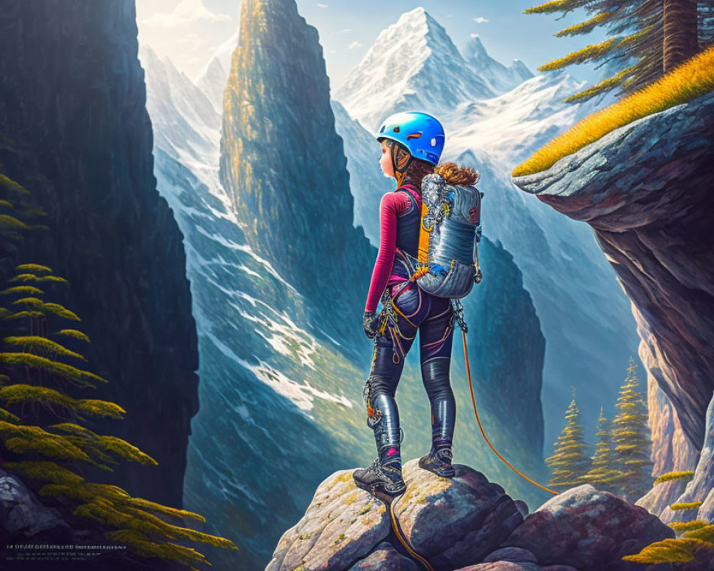 Climber in Blue Helmet Overlooking Majestic Mountain Landscape