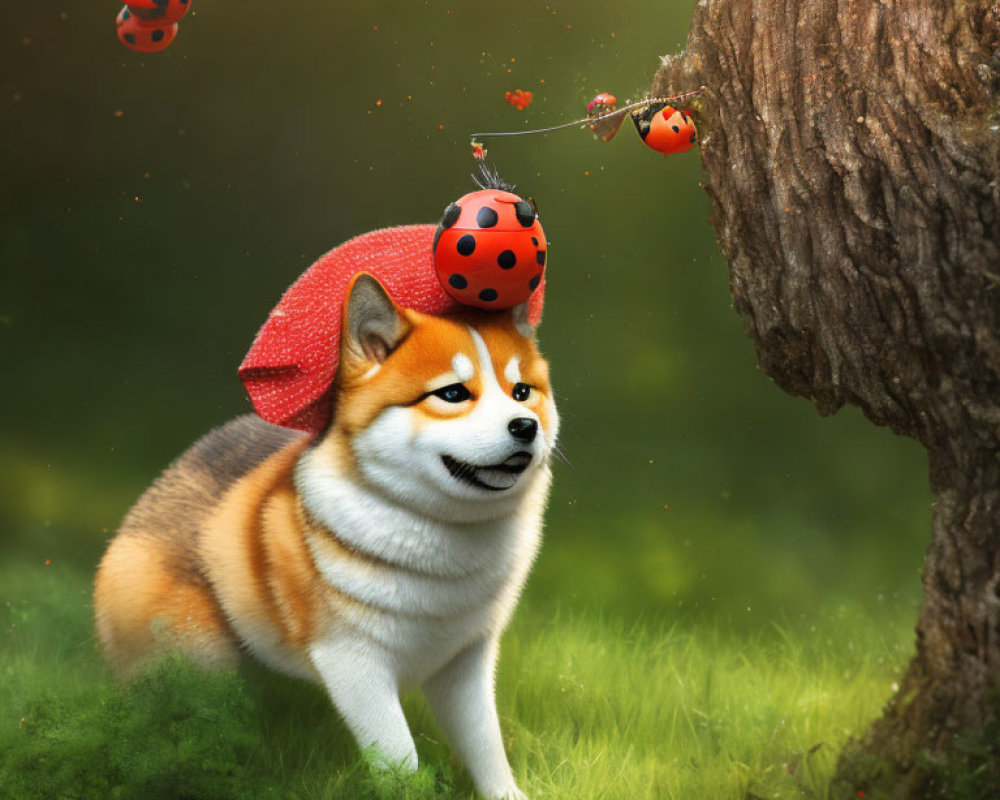 Shiba Inu dog with red mushroom cap and ladybugs in whimsical green scene