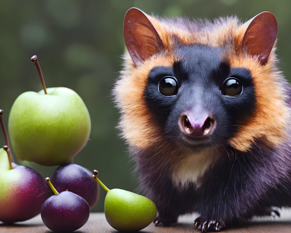 Unusual animal with big eyes among ripe fruits on wood