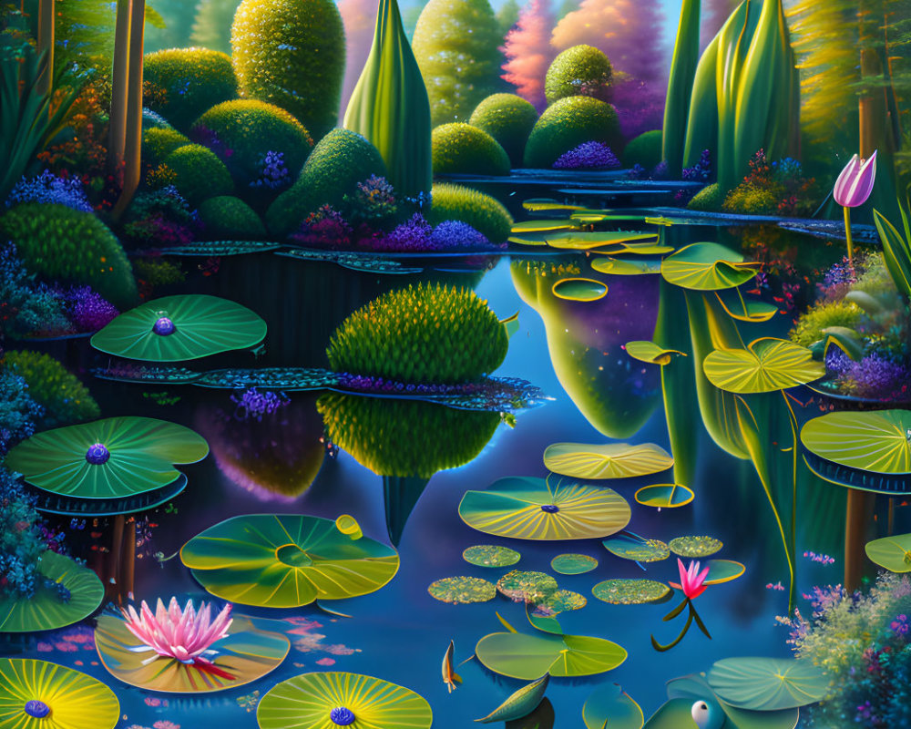 Digital Art: Tranquil Pond with Lily Pads and Lush Greenery