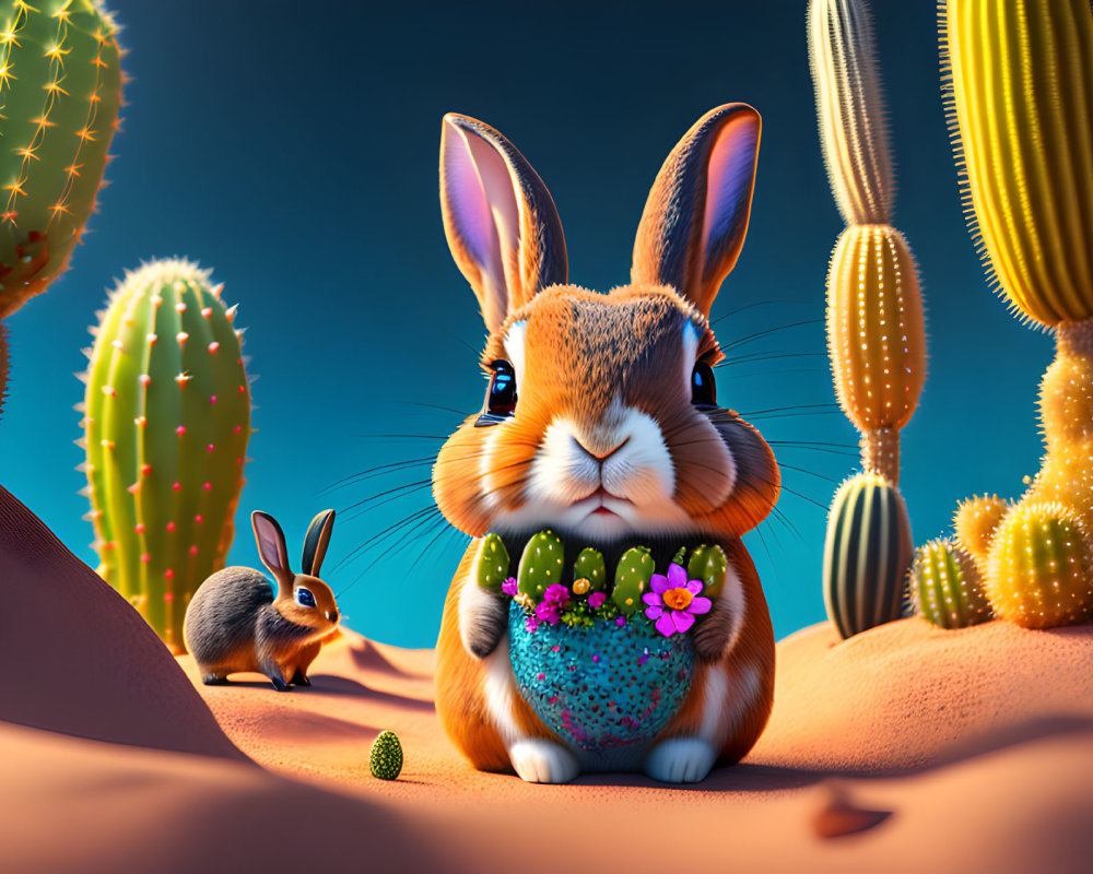 Two rabbits in desert landscape under twilight sky