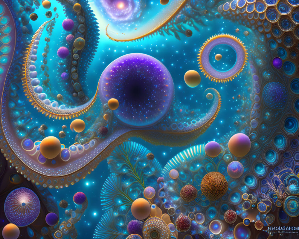 Intricate Fractal Image with Swirls and Spheres in Blues, Oranges, and