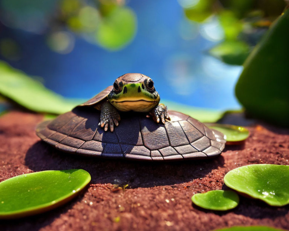 Small Turtle Resting on Rock Amid Green Leaves and Blue Water