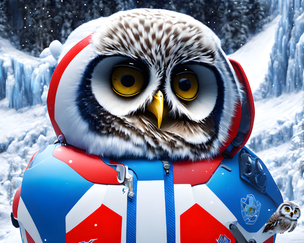 Large Owl with Yellow Eyes in Red and Blue Jacket, Snowy Forest Scene