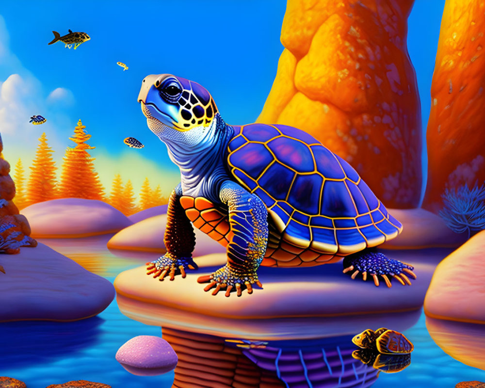 Colorful digital artwork: Turtle on rock surrounded by underwater coral and fish