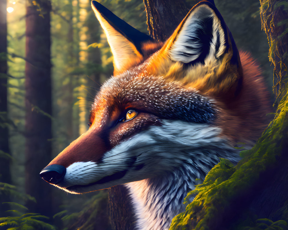 Vibrant orange fox head illustration in forest setting