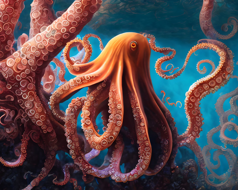 Detailed illustration of giant orange octopus in deep blue water