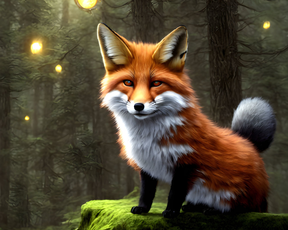 Vibrant orange fox on mossy rock in enchanted forest