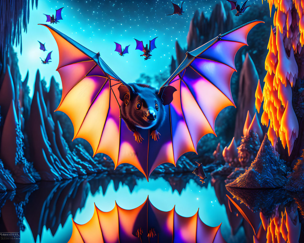 Colorful Flying Squirrel Artwork Over Fantasy Landscape