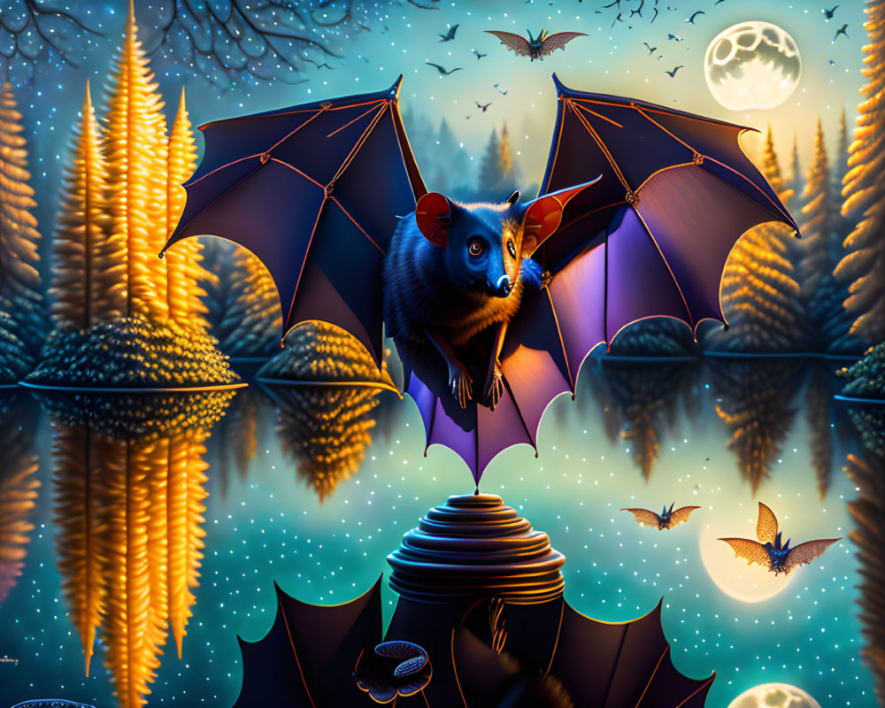 Flying fox with open wings in moonlit night scene