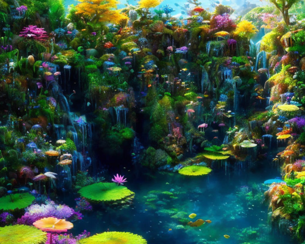 Colorful Coral Formations and Fish in Fantastical Underwater Scene