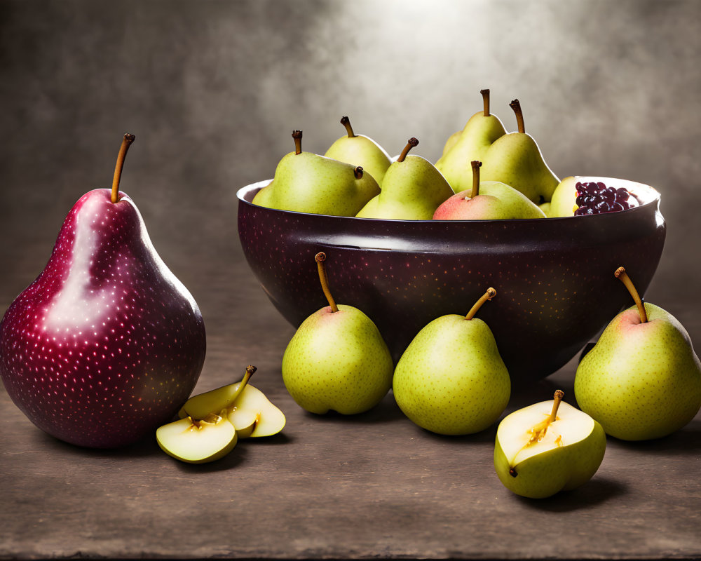 Large Unique Pear Next to Bowl of Whole and Sliced Pears on Rustic Surface