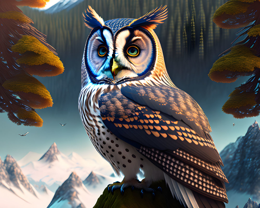 Digital artwork of owl face merging with mountain landscape, trees as feathers.