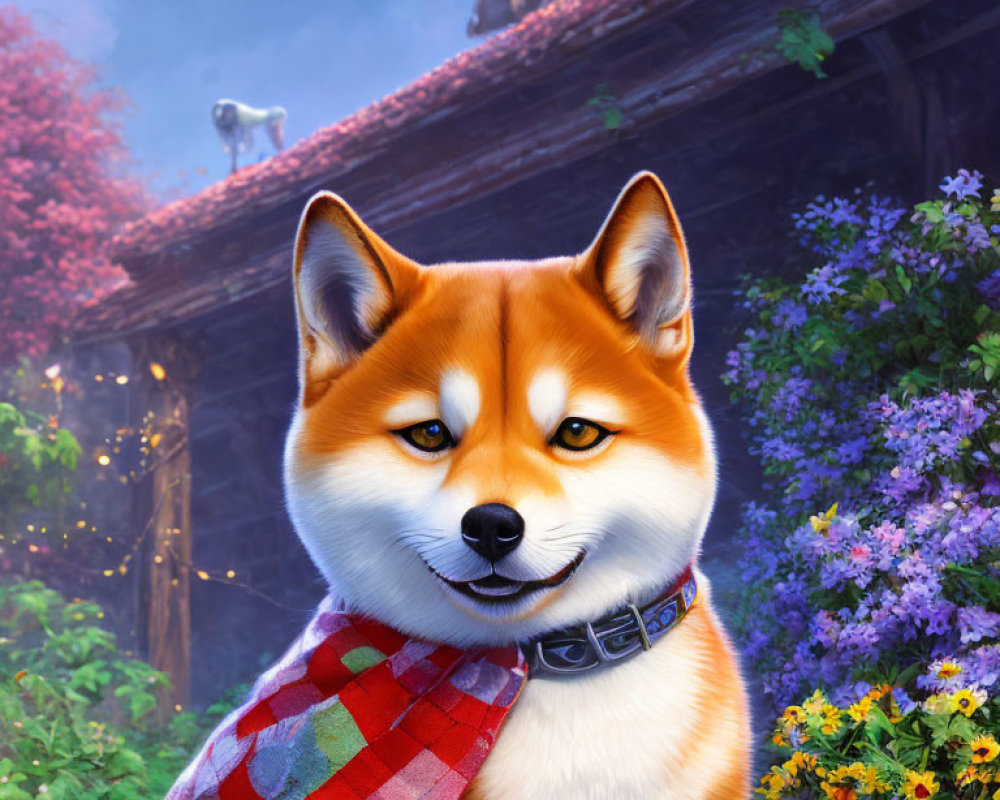 Shiba Inu in red scarf with cats on colorful flower backdrop