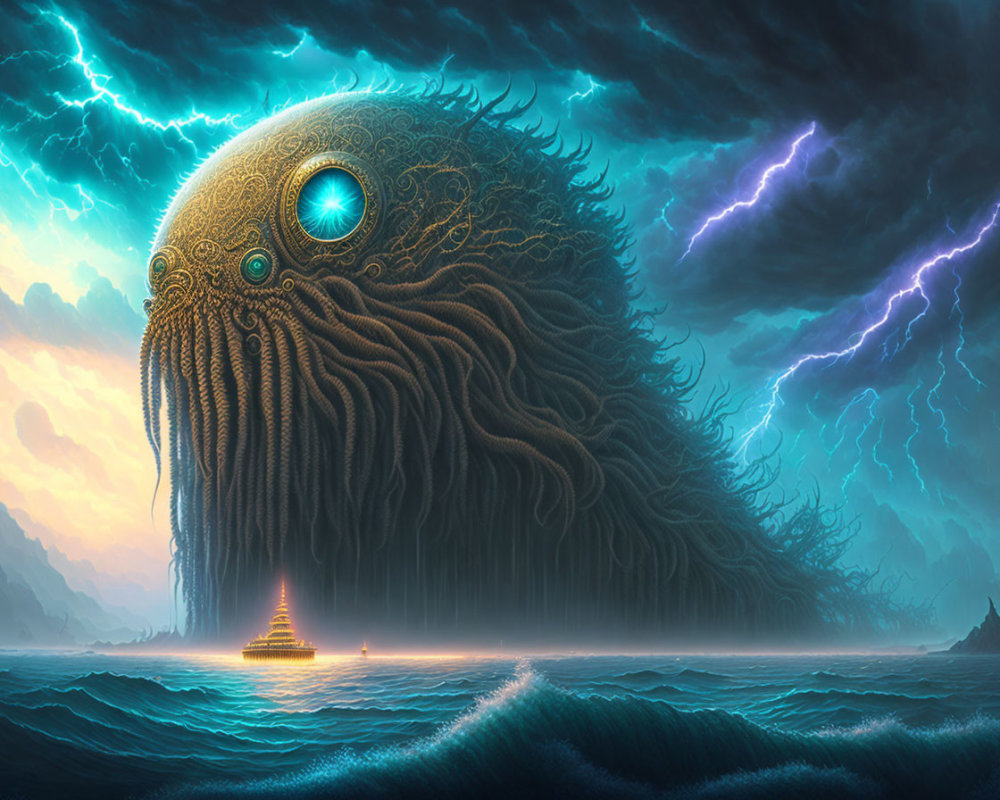 Gigantic tentacled sea creature dwarfs sailing ship in stormy sky