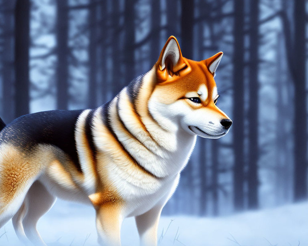 Illustration of Shiba Inu in Snowy Forest with Serene Expression