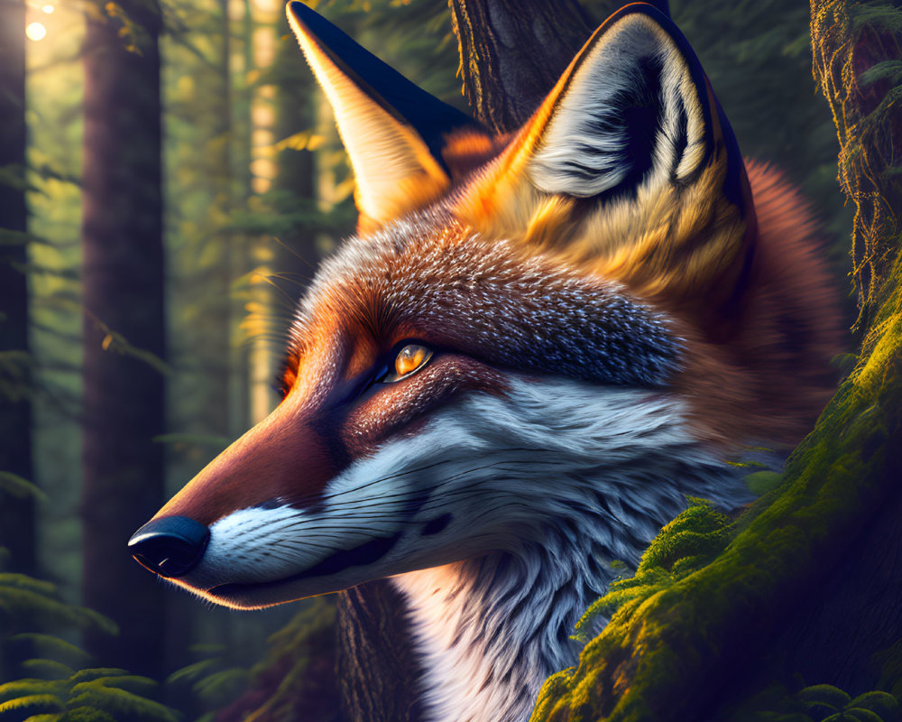 Detailed Stylized Fox Face in Vibrant Colors Against Forest Background