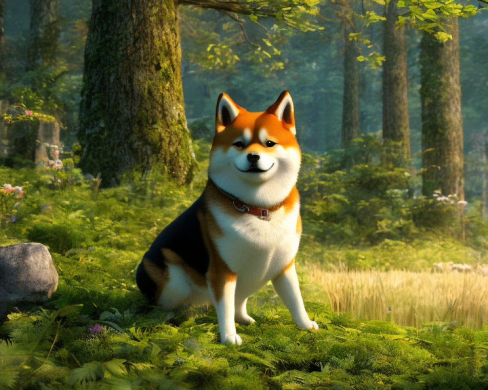 Shiba Inu dog with bright orange coat in lush green forest