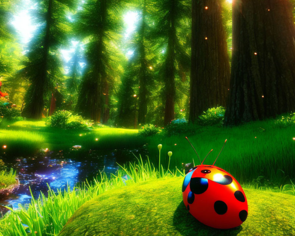 3D-rendered scene of ladybug on rock by tranquil pond in lush forest