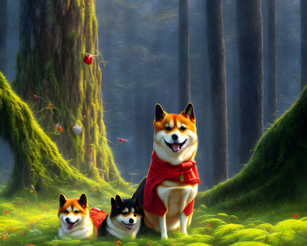 Three Shiba Inu dogs in whimsical forest setting with glowing lights and ladybugs.