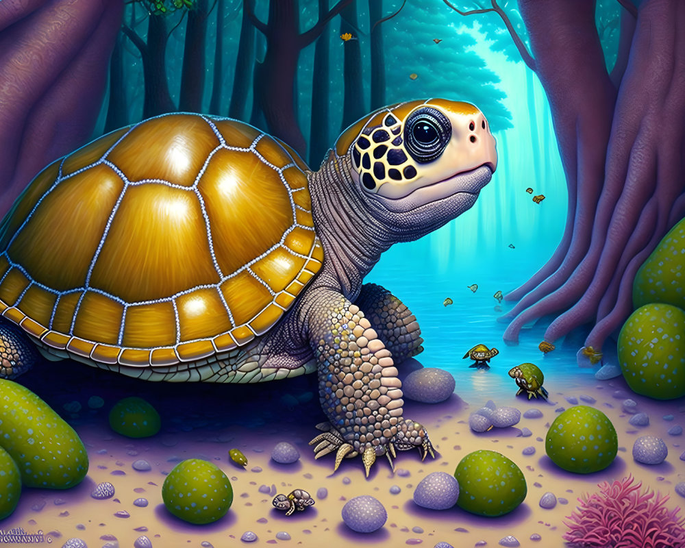 Detailed illustration of large tortoise in mystical forest with tiny turtles