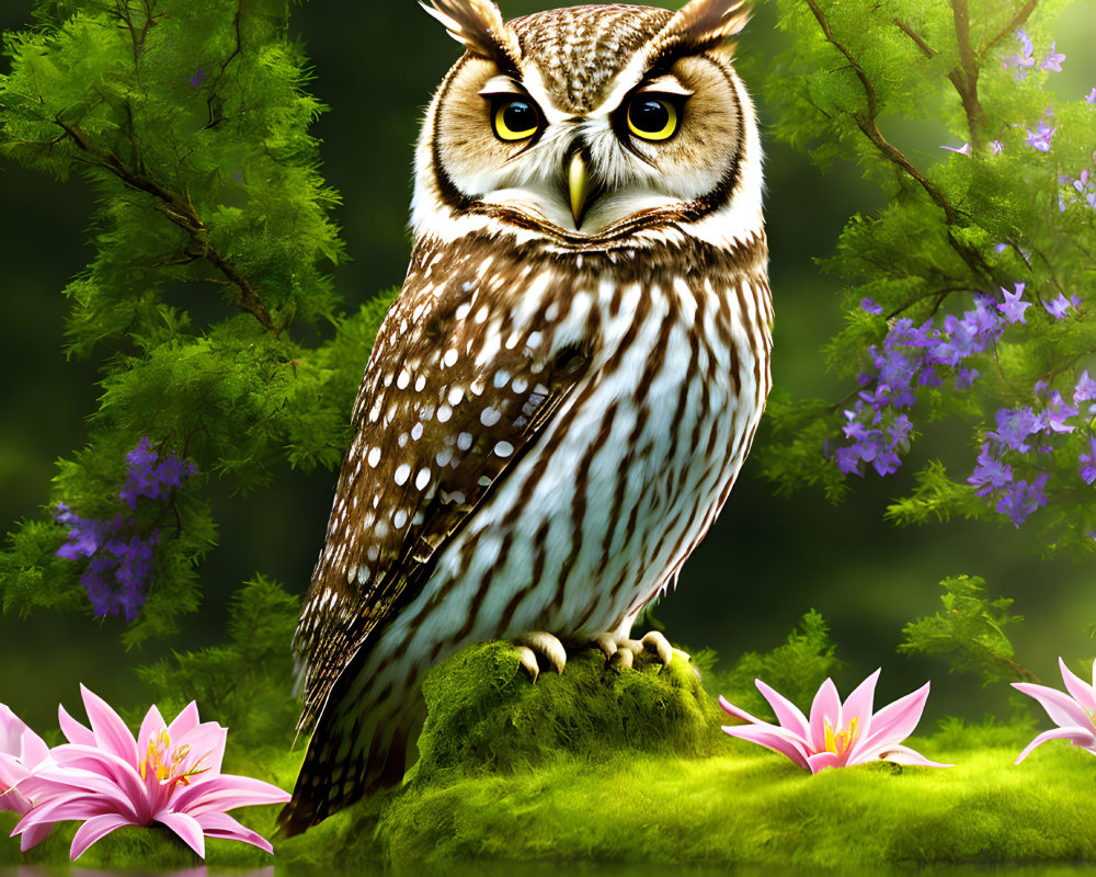 Detailed artwork of owl on mossy knoll with pink water lilies