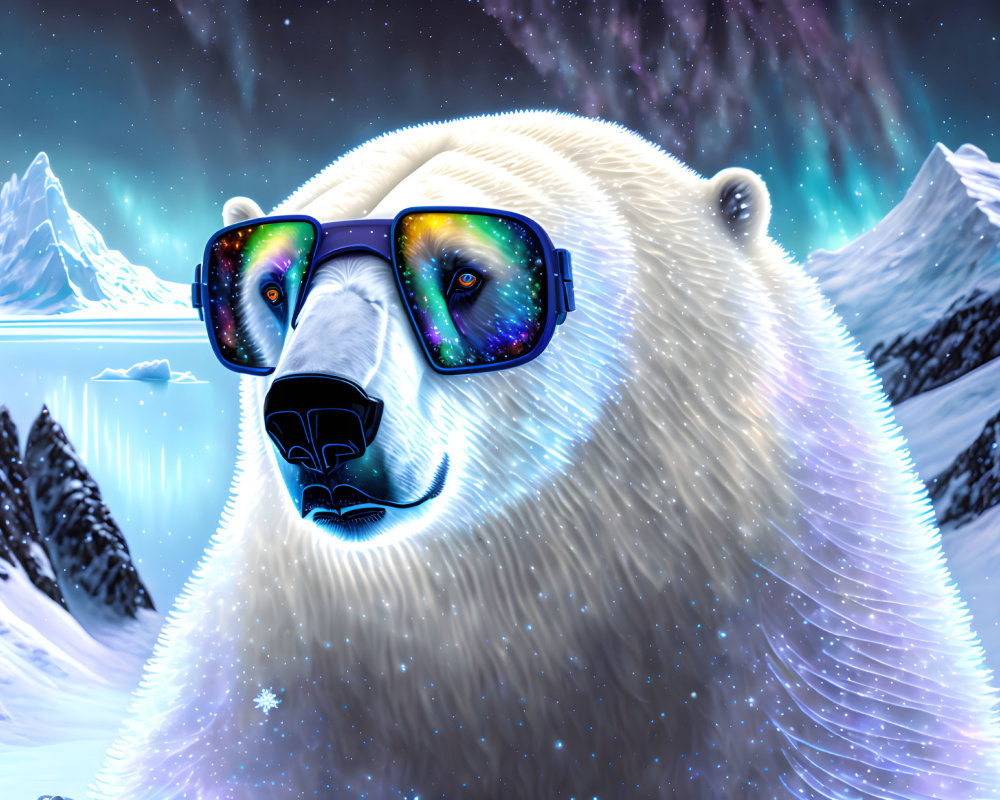 Polar bear with cosmic sunglasses in snowy landscape