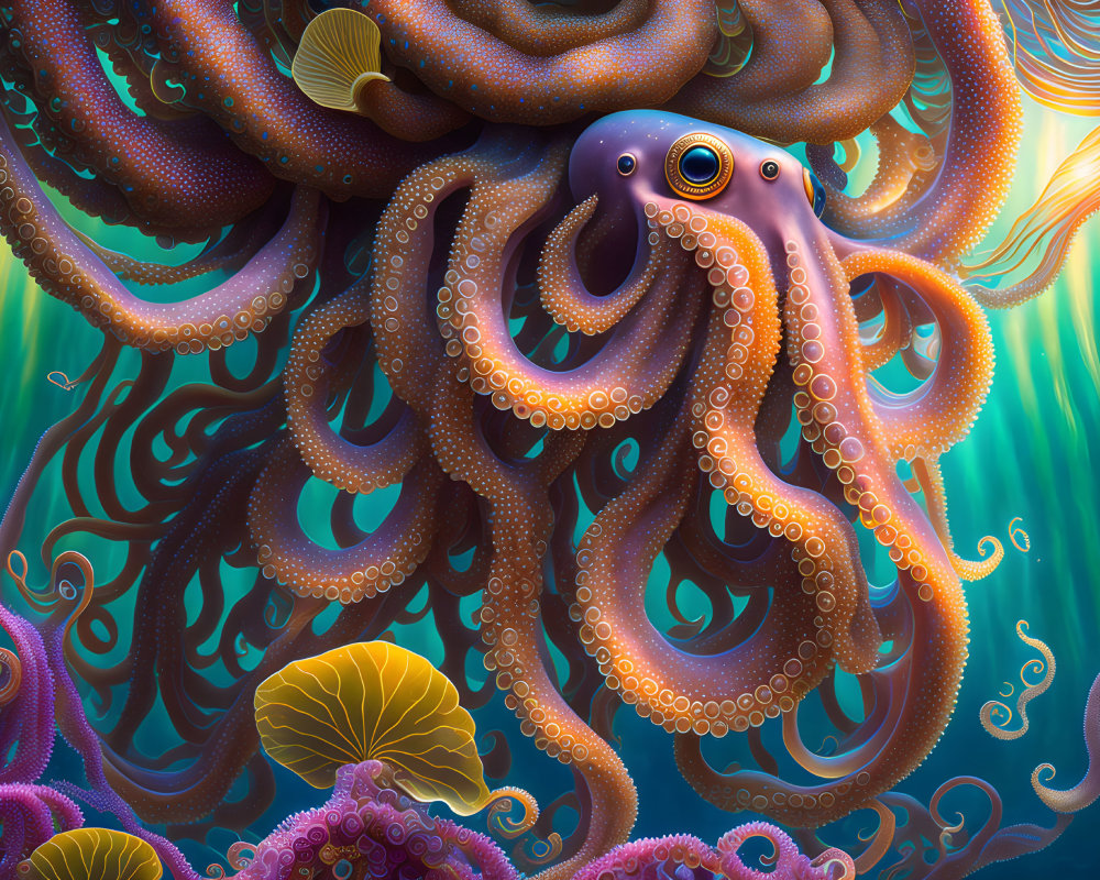 Colorful Octopus Illustration with Detailed Tentacles in Underwater Scene